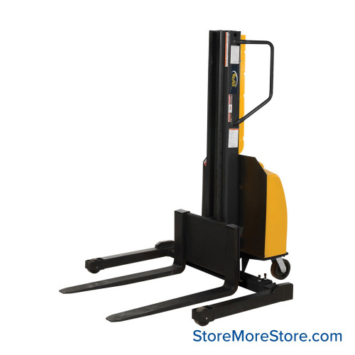 Electric Pallet Stacker, 46" W x 66.25" D x 77.75" H, Adjustable Forks, 2"-118" Lift Range Electric Pallet Stacker, 46" W x 66.25" D x 77.75" H, Adjustable Forks, 2"-118" Lift Range