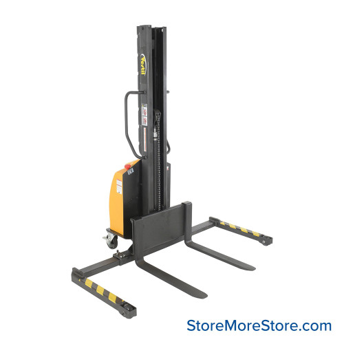 Electric Pallet Stacker, 46" W x 66.25" D x 77.75" H, Adjustable Forks, 2"-63" Lift Range Electric Pallet Stacker, 46" W x 66.25" D x 77.75" H, Adjustable Forks, 2"-63" Lift Range