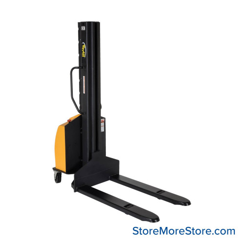 Electric Pallet Stacker, 29.25" W x 66.5" D x 77.75" H, Fixed Forks, 2"-118" Lift Range