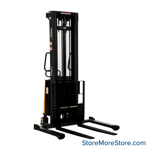 Electric Pallet Stacker, 46" W x 66.25" D x 88.5" H, Adjustable Forks, 2.125"-137" Lift Range