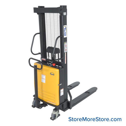 Electric Pallet Stacker, 29.25" W x 66" D x 78" H, Fixed Forks, 2.125"-63" Lift Range