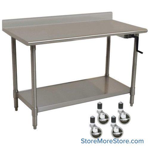 Adjustable Height Stainless Steel Table, 72" W x 30" D, 14-Gauge, Right Hand Crank, Includes Backsplash