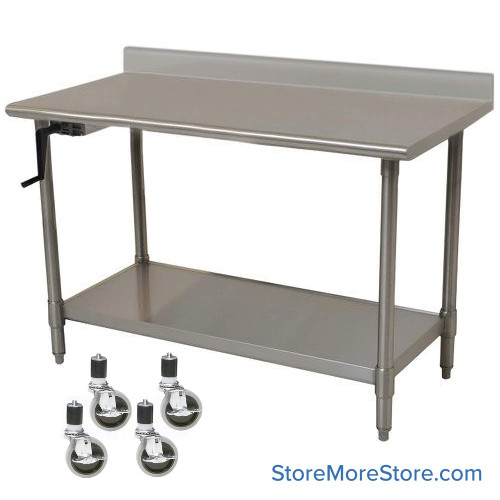 Adjustable Height Stainless Steel Table, 72" W x 24" D, 14-Gauge, Left Hand Crank, Includes Backsplash