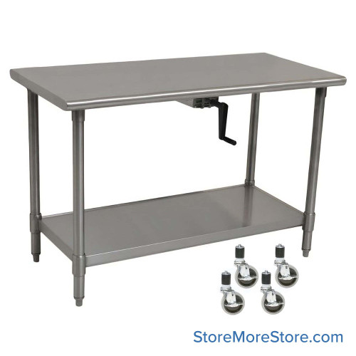 Adjustable Height Stainless Steel Table, 72" W x 30" D, 14-Gauge, Center Hand Crank