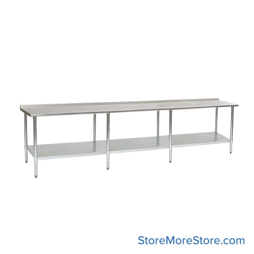 Rear Upturn Stainless Steel Table, 144" W x 36" D, 14-Gauge 304, Includes Undershelf, Stainless Steel Legs