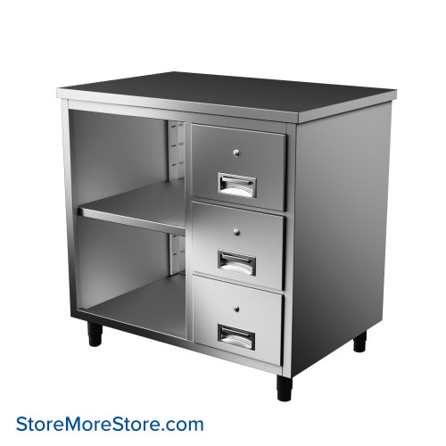 Stainless Steel Table Cabinet, 36" W x 24" D, 1 Adjustable Shelf & 3 Drawers