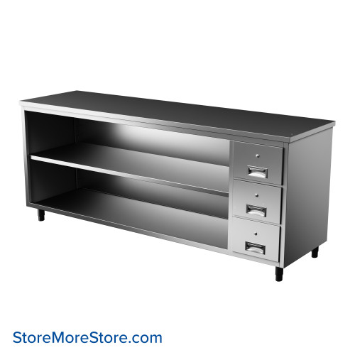 Stainless Steel Table Cabinet, 84" W x 24" D, 1 Adjustable Shelf & 3 Drawers Stainless Steel Table Cabinet, 84" W x 24" D, 1 Adjustable Shelf & 3 Drawers