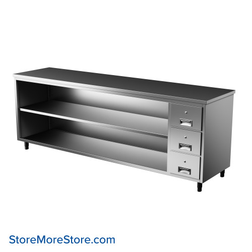 Stainless Steel Table Cabinet, 96" W x 30" D, 1 Adjustable Shelf & 3 Drawers Stainless Steel Table Cabinet, 96" W x 30" D, 1 Adjustable Shelf & 3 Drawers