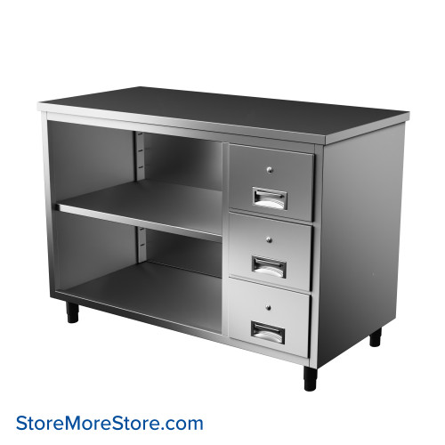 Stainless Steel Table Cabinet, 48" W x 30" D, 1 Adjustable Shelf & 3 Drawers Stainless Steel Table Cabinet, 48" W x 30" D, 1 Adjustable Shelf & 3 Drawers