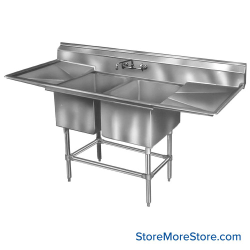 Free Standing Stainless Steel Sink, 47" W x 27" D, 2 Bowls, 2 Drainboards