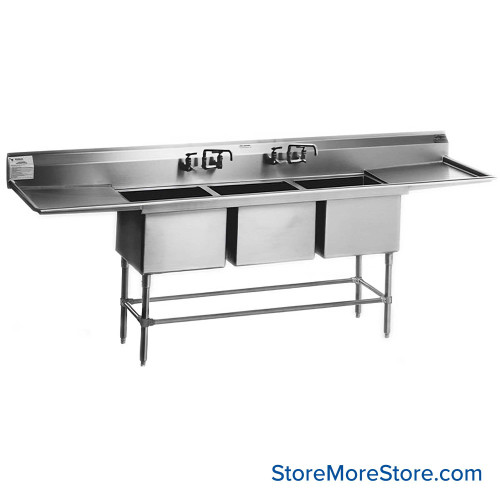 Free Standing Stainless Steel Sink, 102" W x 27" D, 3 Bowls, 2 Drainboards
