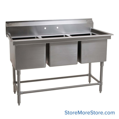 Free Standing Stainless Steel Sink, 57" W x 27" D, 3 Bowls