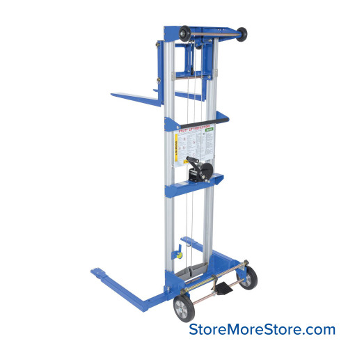 Manual Stacker Lift, 44" D x 143.75" H, Straddle Lift Design, 350 lbs Load Capacity Manual Stacker Lift, 44" D x 143.75" H, Straddle Lift Design, 350 lbs Load Capacity