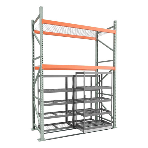Under Pallet Rack Storage System - 1 Lateral Mobile Carriage, 2 Static - Wire Grid - 8 ft - 48'' x 24'' (91 in W x 77 in