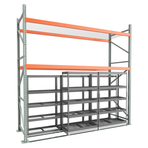 Under Pallet Rack Storage System - 2 Lateral Mobile Carriages, 3 Static - Wire Grid - 12 ft - 42'' x 18'' and 48'' x 18'