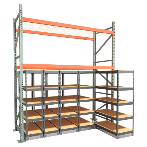 Under Pallet Rack Aisle Free Pull-Out Storage - 5 Carriages - Particle Board - 10 ft - 48'' x 24'' and 48'' x 18'' (115 