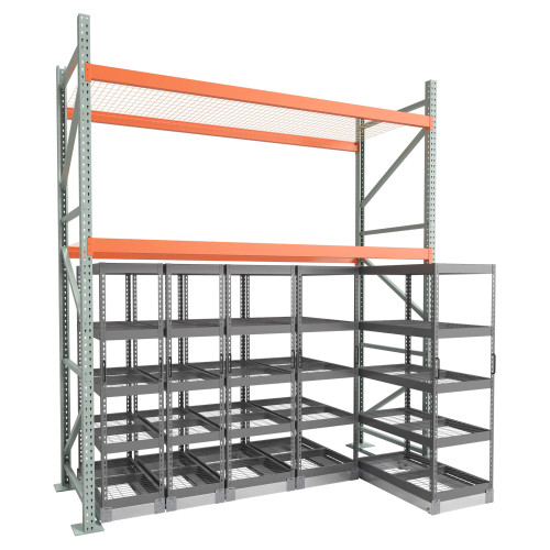 Under Pallet Rack Aisle Free Pull-Out Storage - 5 Carriages - Wire Grid - 10 ft - 42'' x 24'' and 42'' x 18'' (115 in W 