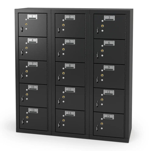 15 Door Cell Phone Locker with Label Holders and Locks - Black (24 in W x 31 in D x 9 in H)