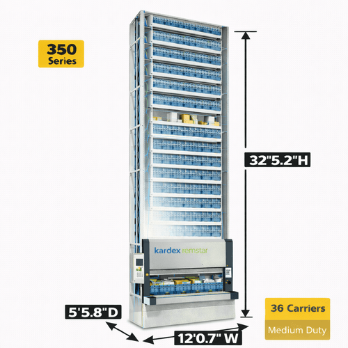 Kardex Megamat 350 Vertical Carousel Modules (VCM) 12' 8.6'' W x 5' 5.8'' D x 32' 5.2'' H - 36 Carrier - Medium Duty Sto
