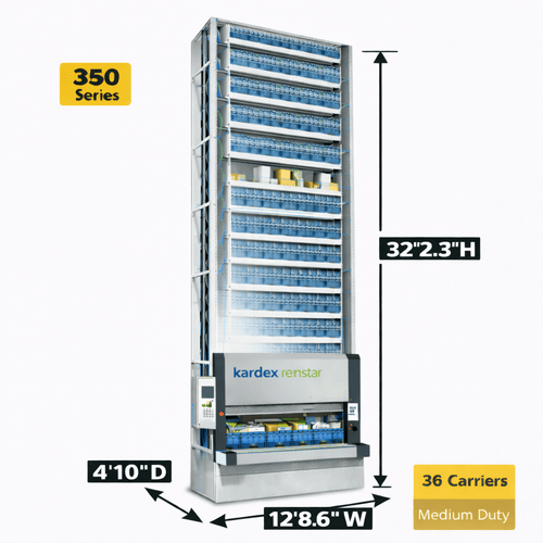 Kardex Megamat 350 Vertical Carousel Modules (VCM) 12' 8.6'' W x 4' 10'' D x 32' 2.3'' H - 36 Carrier - Medium Duty Shal