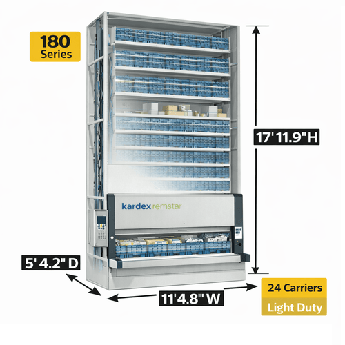 Kardex Megamat 180 Vertical Carousel Modules (VCM) 11' 4.8'' W x 5' 4.2'' D x 17' 11.9'' H - 24 Carrier - Light Duty Sto