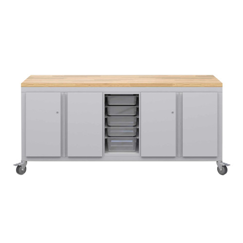 Explorer Cargo Cart 22 x 77 with Butcher Block Top, Double Door Storage, Bin Storage, Locking Casters - Platinum Frame (
