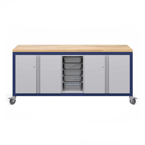 Explorer Cargo Cart 22 x 77 with Butcher Block Top, Double Door Storage, Bin Storage, Locking Casters - Navy Frame (30 i