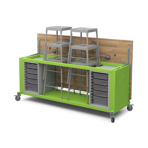 Explorer Rover Table with Butcher Block Retractable Top, Bin Storage, Stools, Locking Casters - Green Apple Frame (48 in