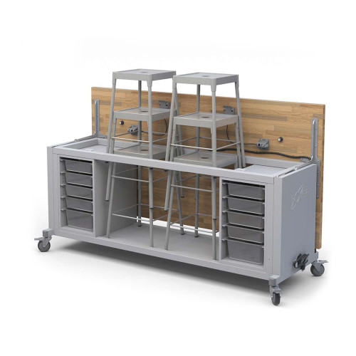 Explorer Rover Table with Butcher Block Retractable Top, Bin Storage, Stools, Power Unit, Locking Casters - Platinum Fra