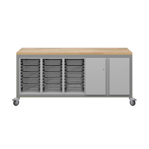 Explorer Cargo Cart 22 x 77 with Butcher Block Top, Bin Storage, Double Door Storage, Locking Casters - Platinum Frame (