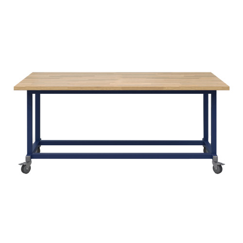 Explorer Maker Table 42 x 84 with Butcher Block Top and Locking Casters - Navy Frame (48 in W x 50 in D x 48 in H)