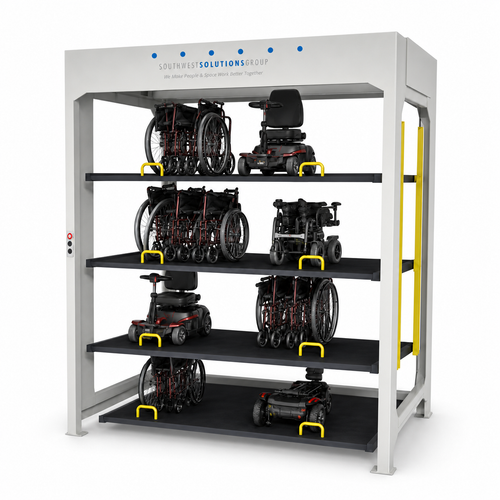 4-Level Vertical Lift Storage Stacker for Wheelchairs & Mobility Scooters on a pure white background