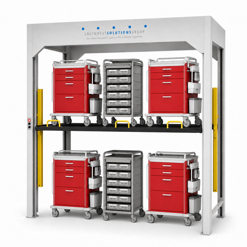 2-Level Vertical Lift Storage Stacker for Crash & Order-Picking Carts on a pure white background