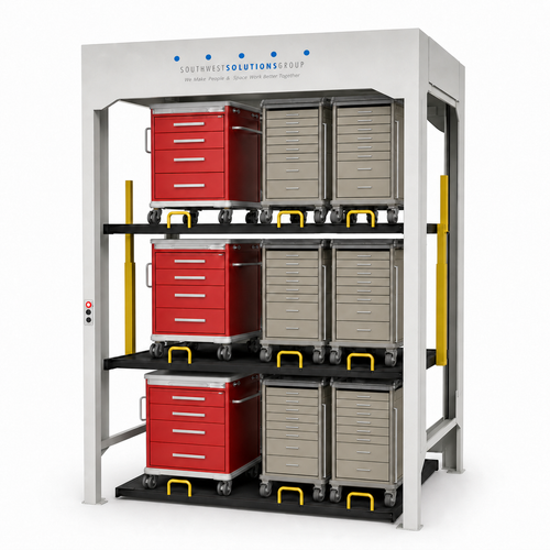 3-Level Vertical Lift Storage Stacker for Crash & Order-Picking Carts on a pure white background