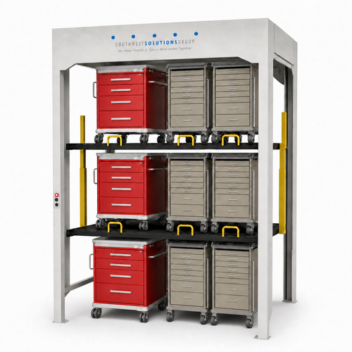 3-Level Vertical Lift Storage Stacker for Crash & Order-Picking Carts on a pure white background