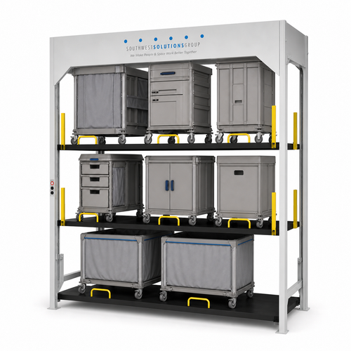 3-Level Vertical Lift Storage Stacker for Laundry, EVS & Janitorial Carts on a pure white background