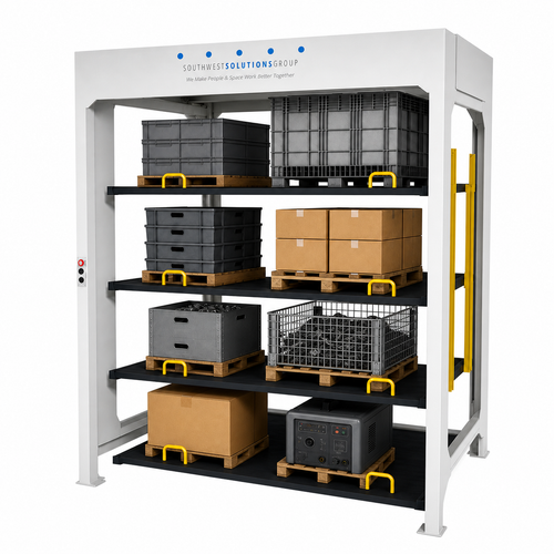 Vertical Lift Universal Stacker Storage System 4 Levels on a pure white background