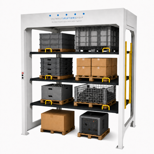 Vertical Lift Universal Stacker Storage System 4 Levels on a pure white background