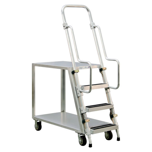 2-Shelf Aluminum Ladder Cart with Flat Shelves, 3 Steps and Continuous Grip Handle - 800 lb Capacity for storage