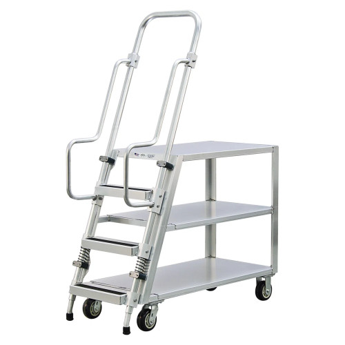 3-Shelf Aluminum Ladder Cart with Flat Shelves, 3 Steps and Continuous Grip Handle - 800 lb Capacity for storage