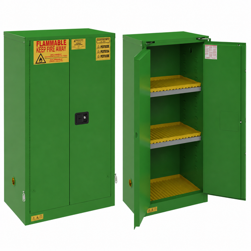 Pesticide Storage Cabinet - 60 Gallon - Green - 2 Self-Closing Doors, 2 Shelves, 3 Plastic Trays