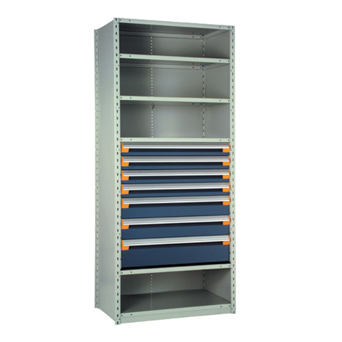 7-Drawer Steel Shelving with Drawers, 36" W x 18" D x 87" H, 6 Shelves, Four 4"H, Two 6"H, One 8"H, Included Dividers, Starter
