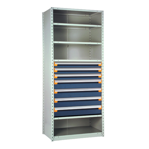 7-Drawer Steel Shelving with Drawers, 36" W x 24" D x 75" H, 5 Shelves, Three 4"H, Four 6"H, Included Dividers, Starter