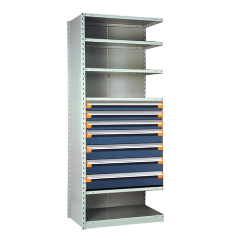 7-Drawer Steel Shelving with Drawers, 36" W x 24" D x 75" H, 5 Shelves, Three 4"H, Four 6"H, No Dividers, Adder