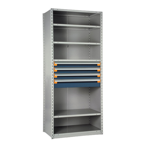 4-Drawer Steel Shelving with Drawers, 36" W x 18" D x 87" H, 6 Shelves, Three 4"H, One 6"H, Included Dividers, Starter