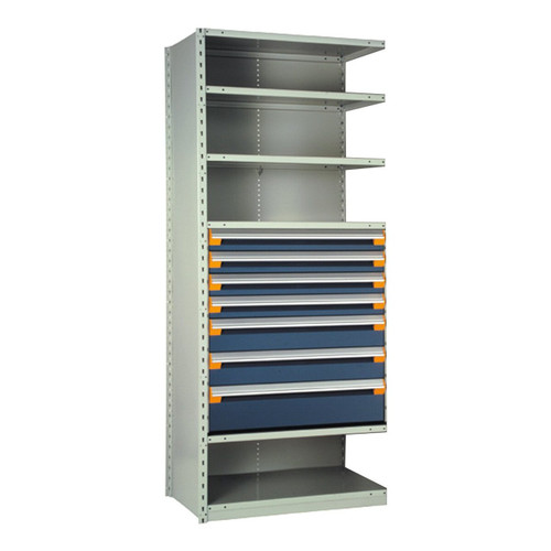 7-Drawer Steel Shelving with Drawers, 36" W x 24" D x 75" H, 5 Shelves, Four 4"H, Two 6"H, One 8"H, Included Dividers, Adder