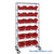 Double Sided Bin Rack, 18 Bins, 9.25"W x 14"D x 6.5"H Bin Dims, Red, Includes Casters