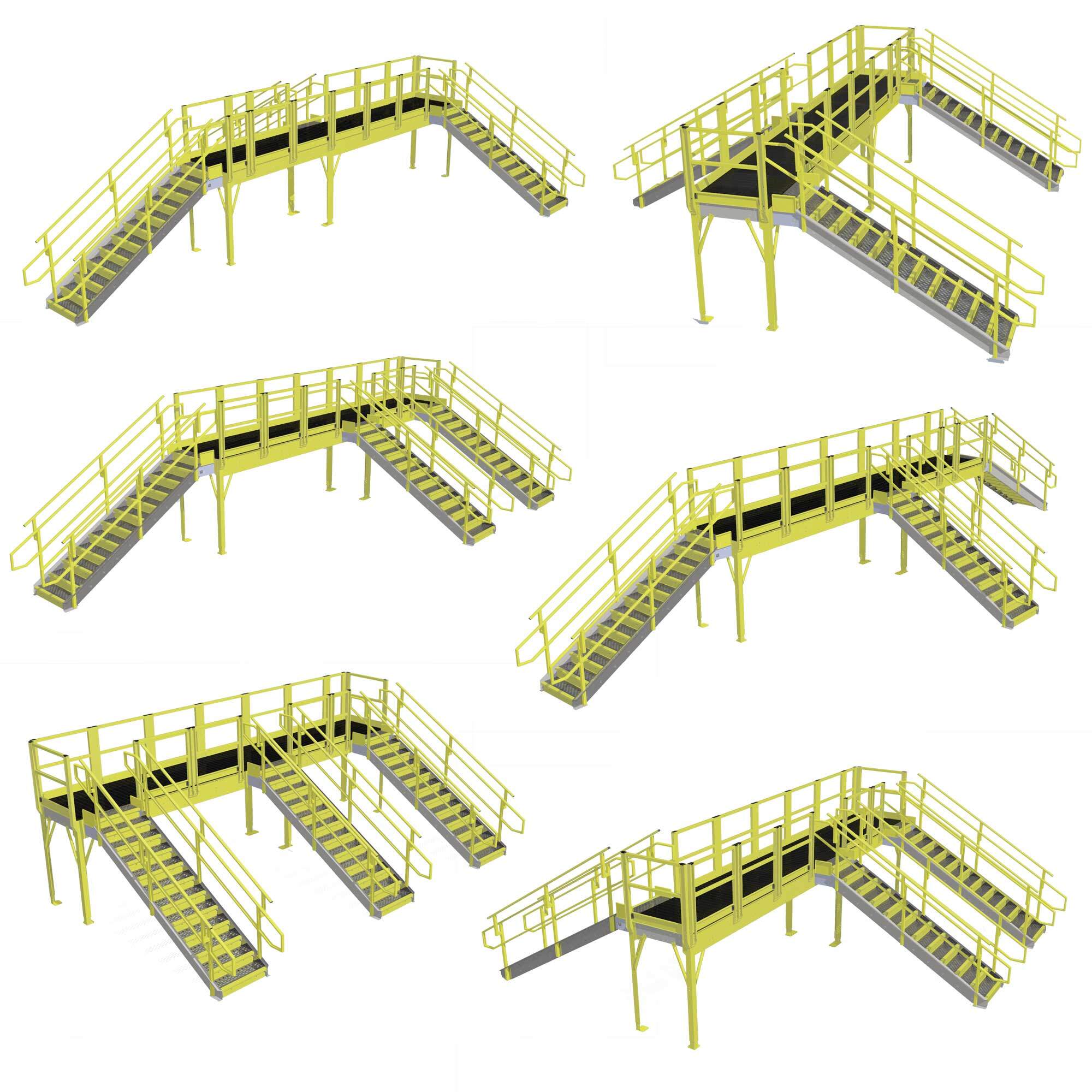 Crossover Platforms, 484" W x 81.25" H, 3 Stairways, Bar Grating
