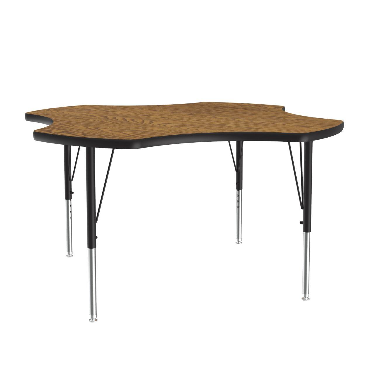 Adjustable Height Activity Tables-Clover Shaped Medium Oak[https://cdn11.bigcommerce.com/s-ae8l2aaf6n/product_images/attribute_value_images/38459.preview.jpg?t=1741097780] Black[https://cdn11.bigcommerce.com/s-ae8l2aaf6n/product_images/attribute_value_images/38467.preview.jpg?t=1741097786] Black/Chrome[https://cdn11.bigcommerce.com/s-ae8l2aaf6n/product_images/attribute_value_images/38477.preview.jpg?t=1741097793] SKU SMS-04-V28-A48-CLO-06
