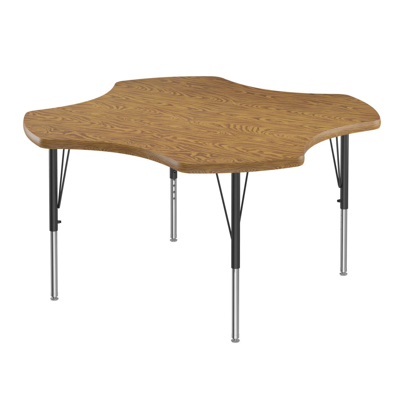 Adjustable Height Activity Tables-Clover Shaped Medium Oak[https://cdn11.bigcommerce.com/s-ae8l2aaf6n/product_images/attribute_value_images/38459.preview.jpg?t=1741097780] Medium Oak[https://cdn11.bigcommerce.com/s-ae8l2aaf6n/product_images/attribute_value_images/38475.preview.jpg?t=1741097791] Black/Chrome[https://cdn11.bigcommerce.com/s-ae8l2aaf6n/product_images/attribute_value_images/38477.preview.jpg?t=1741097793] SKU SMS-04-V28-A48-CLO-06-09-06